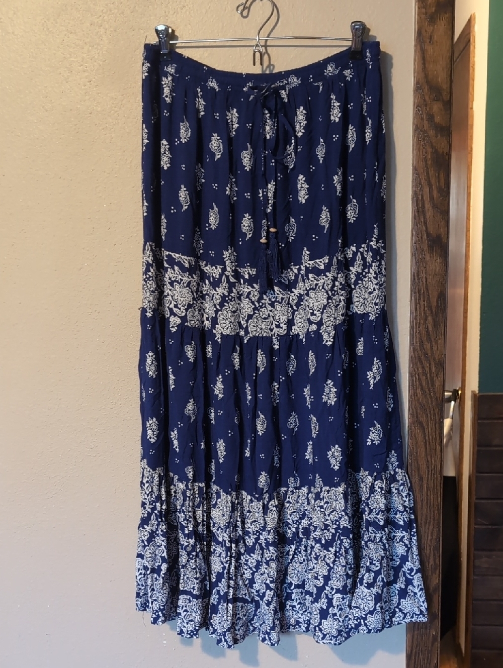 Bohemian Navy Floral Tiered Maxi Skirt with Elastic Waistband